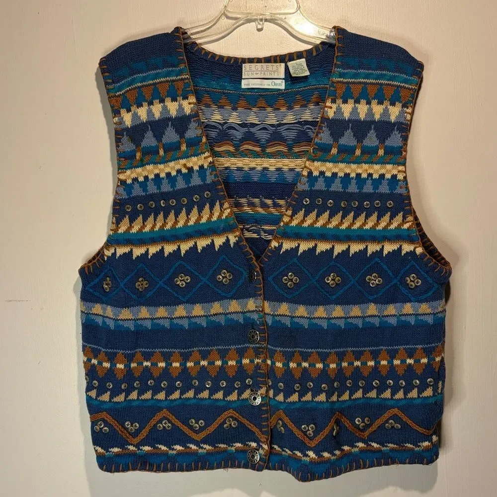 Vintage Segrets Sun Prints Orvis Western Aztec Tribal Button Down Sweater Vest L